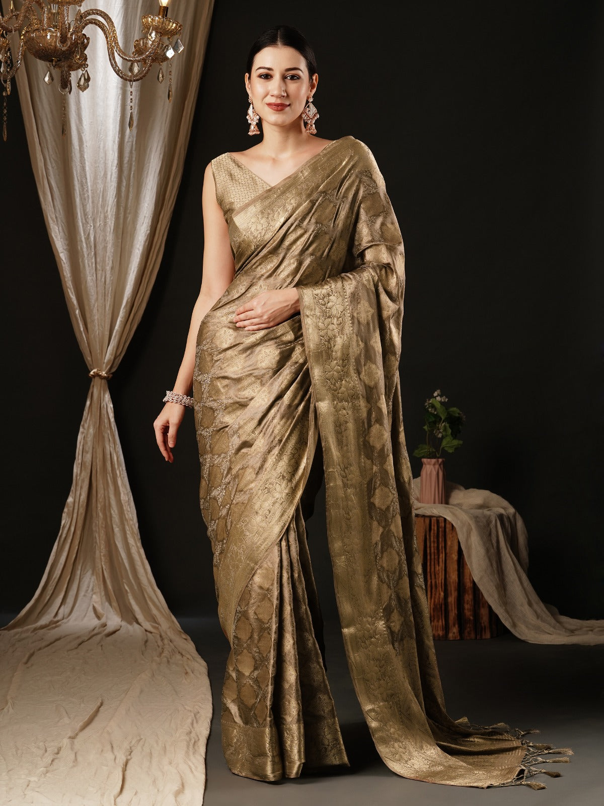 Peanut Brown Woven Banarasi Satin Silk Saree