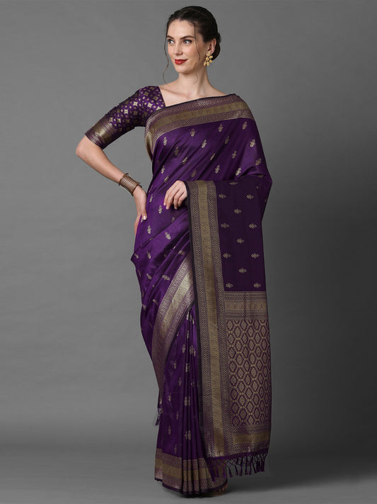 Plum Violet Woven Banarasi Silk Saree