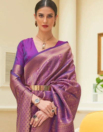 Plum Violet Embroidered Kanjivaram Silk Saree