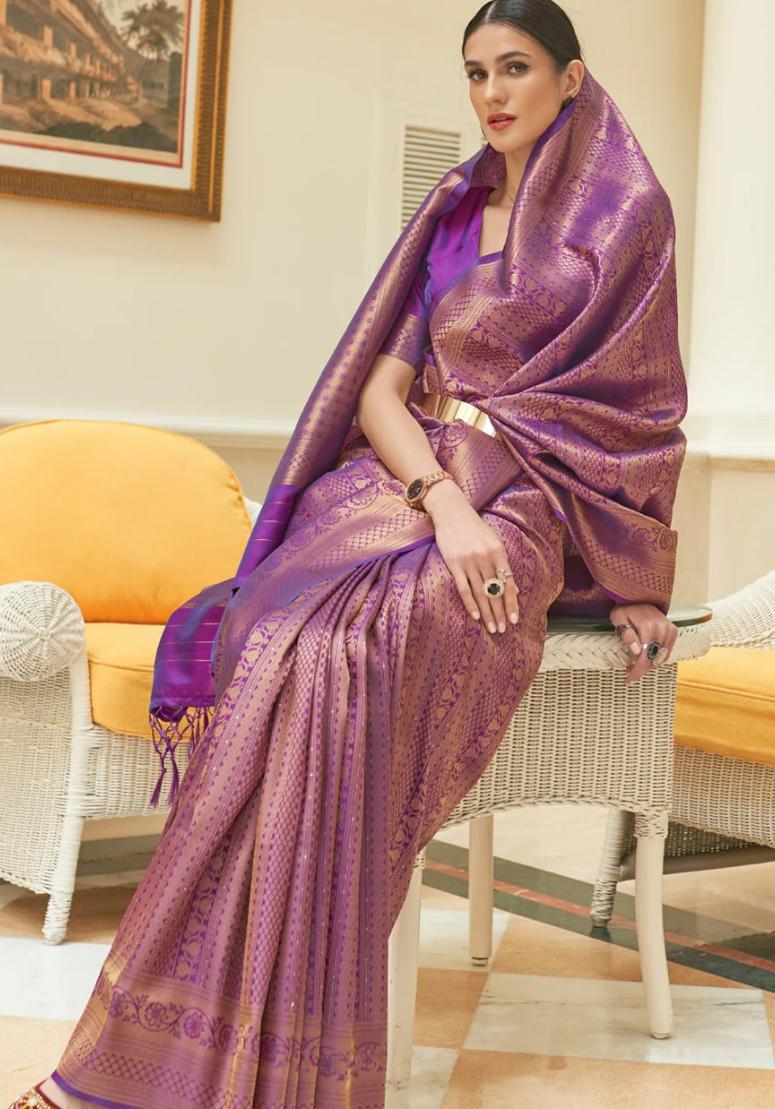 Plum Violet Embroidered Kanjivaram Silk Saree