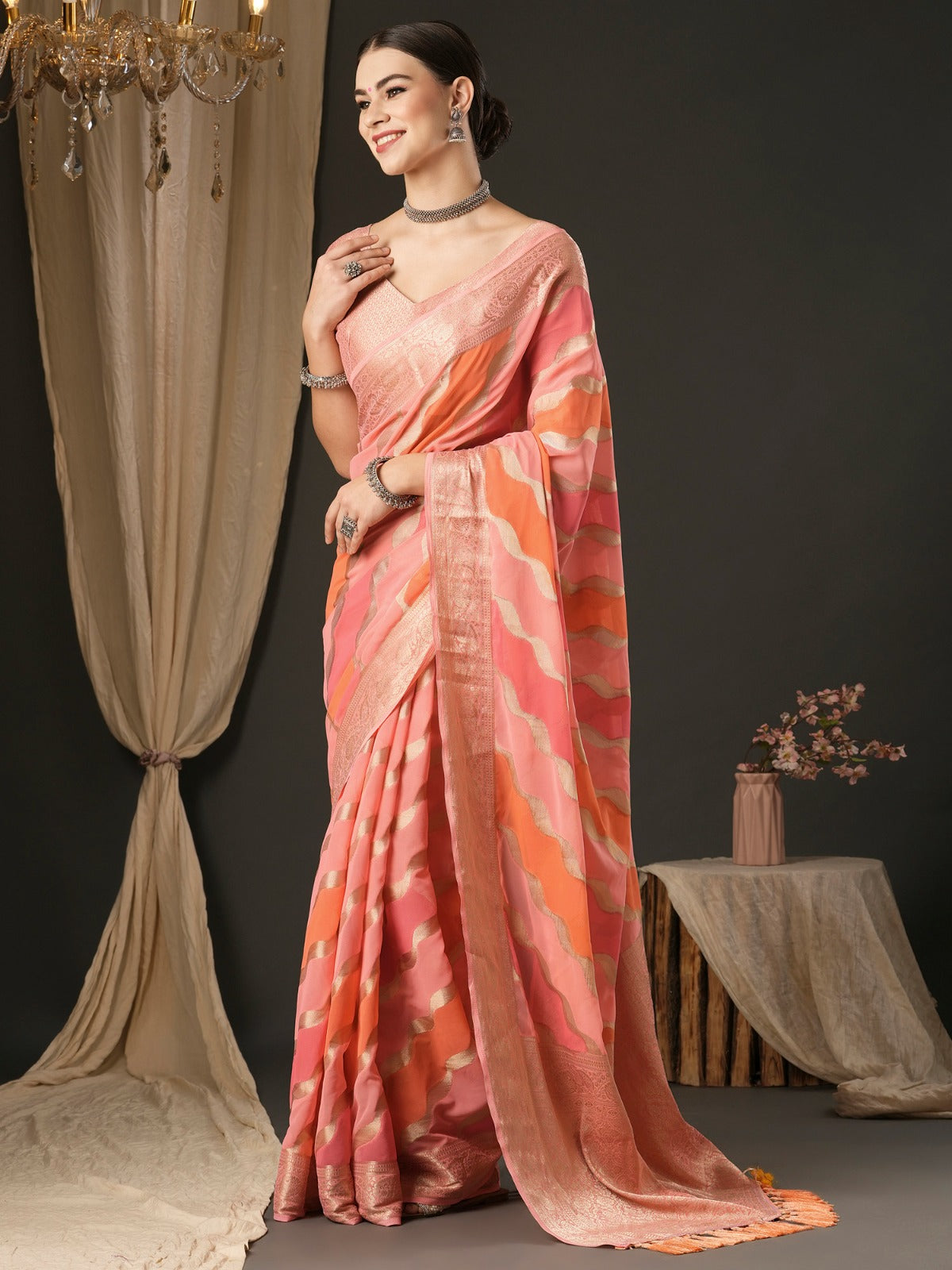 Punch Pink Woven Banarasi Georgette Saree