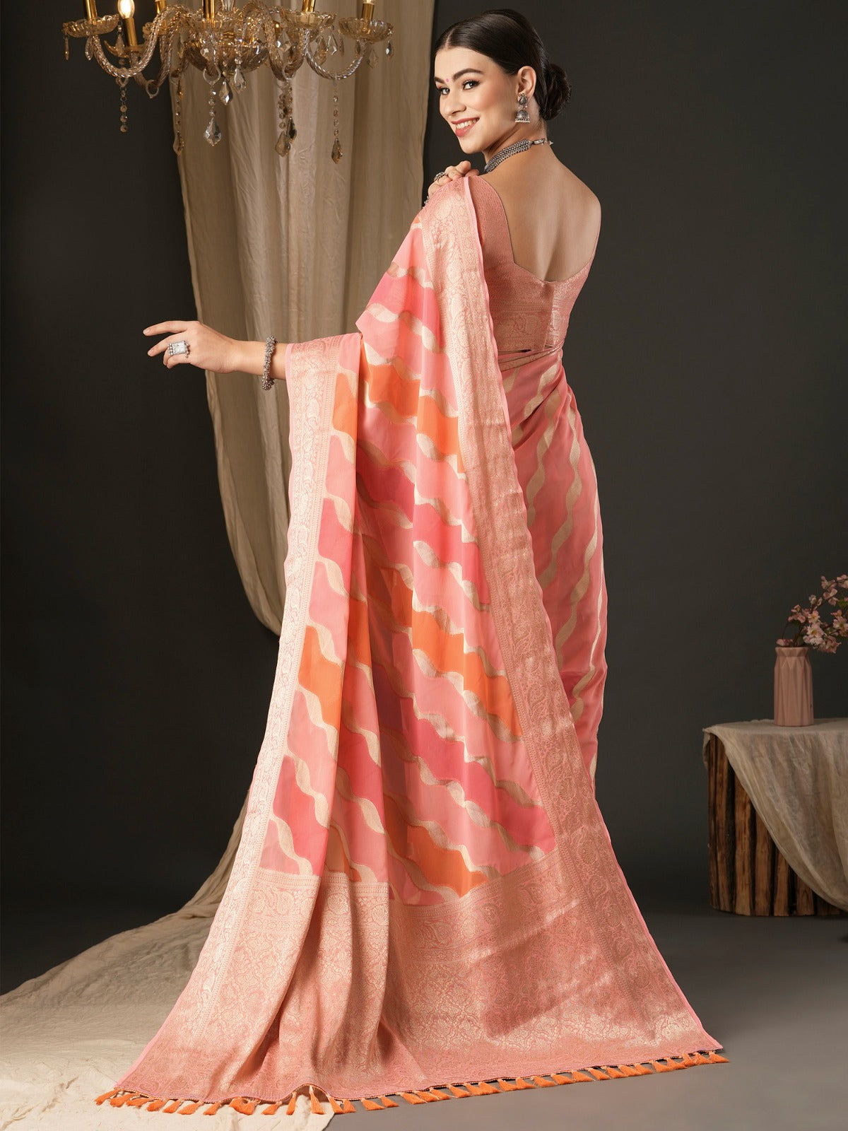 Punch Pink Woven Banarasi Georgette Saree