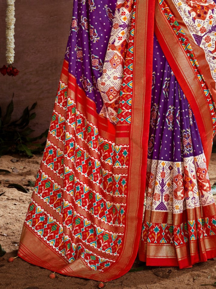 Purple Orange Printed Tussar Silk Ikat Saree