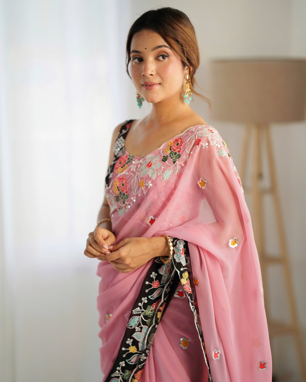 Rose Pink Embroidered Georgette Saree