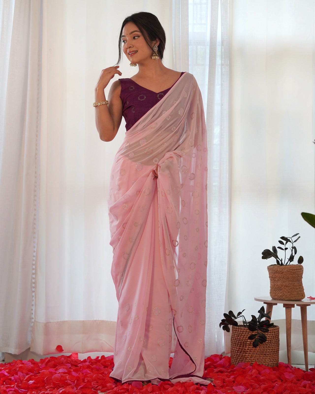 Rose Pink Sequins Georgette Saree