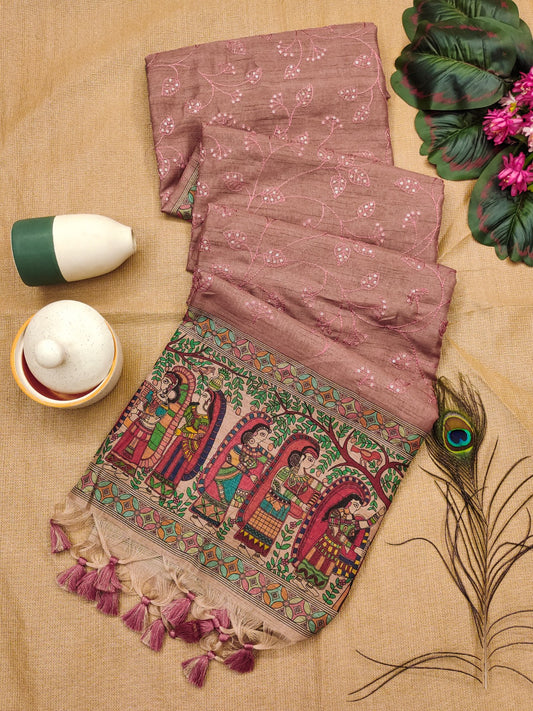 Rosewood Pink Premium Tussar Silk Saree