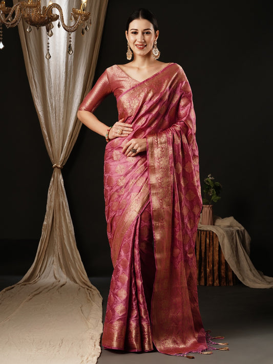 Rouge Pink Woven Banarasi Satin Silk Saree