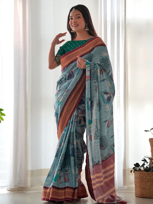 Sapphire Blue Printed Silk Saree