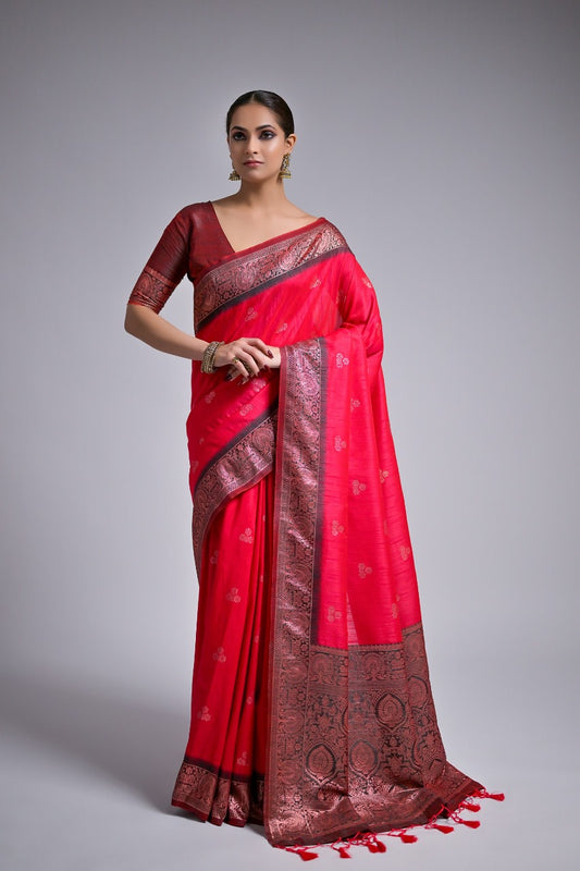 Scarlet Red Soft Banarasi Raw Silk Saree