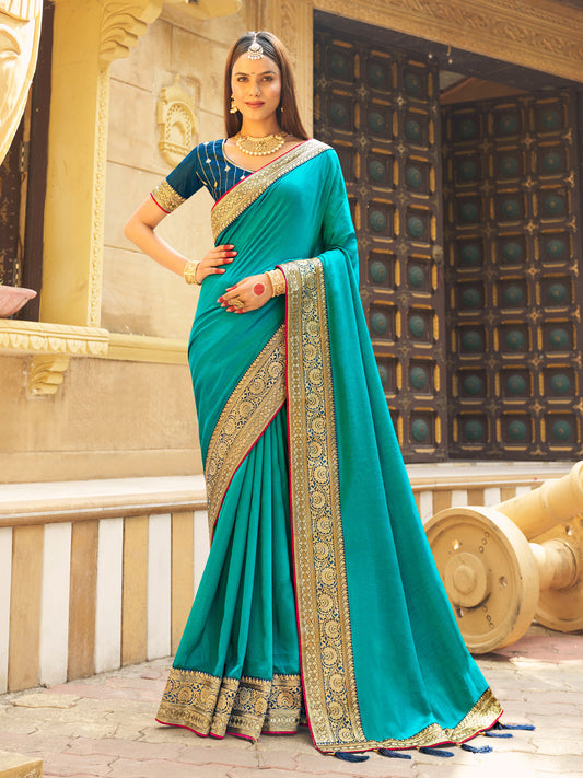 Sea Blue Vichitra Silk Silk Saree