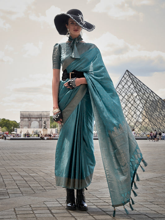 Sea Blue Woven Banarasi Silk Saree