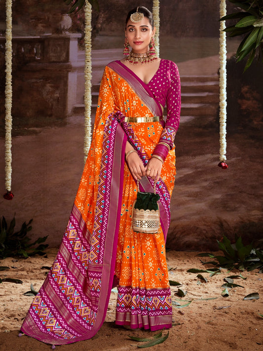 Tiger Orange Printed Tussar Silk Ikat Saree