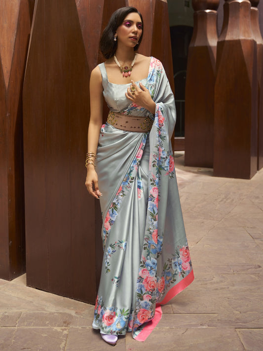 Winter Grey Printed satin Silk Saree